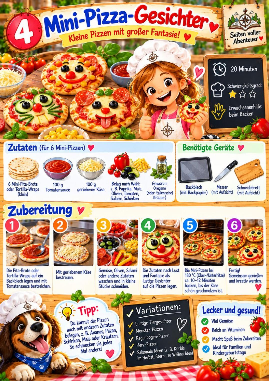 Originale PDF-Seite mit dem Rezept Mini-Pizza-Gesichter