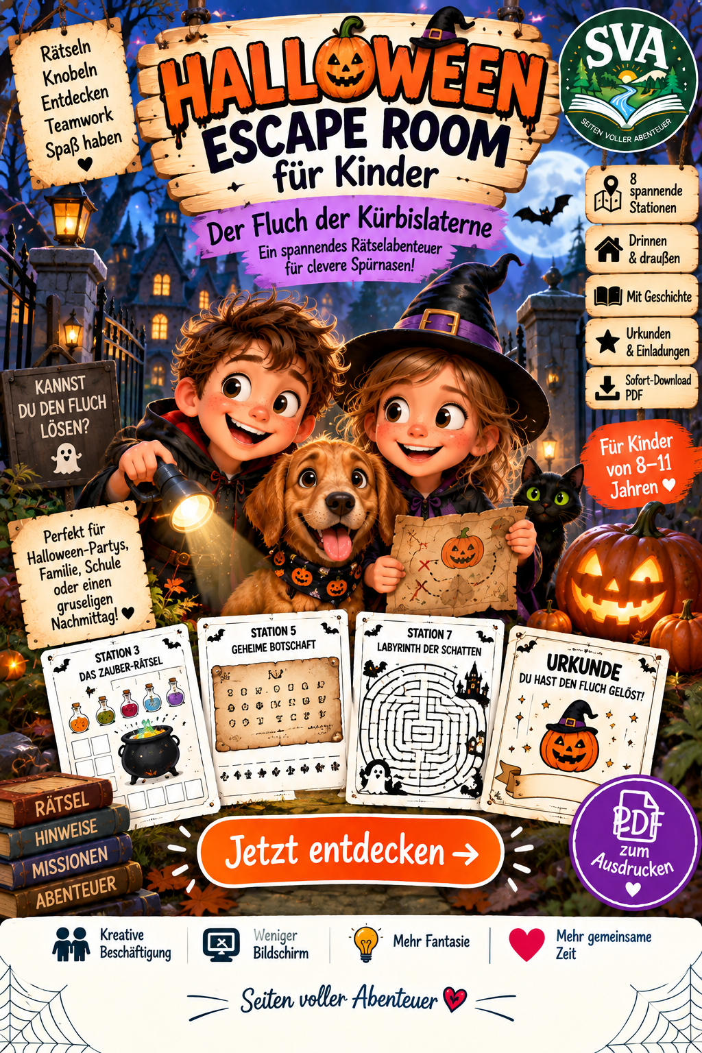 Halloween-Escape-Room Der Fluch der Kürbislaterne mit 8 Rätselstationen für Kinder von 8 bis 11 Jahren