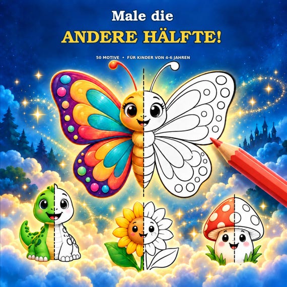 Ausmalbuch zum Weiterzeichnen mit 50 halben Bildern