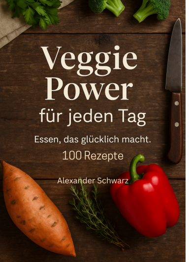 „Foto eines bunten vegetarischen Gerichts aus dem Buch ‚Veggie Power‘ – mit frischem Gemüse auf einem Holzteller.“