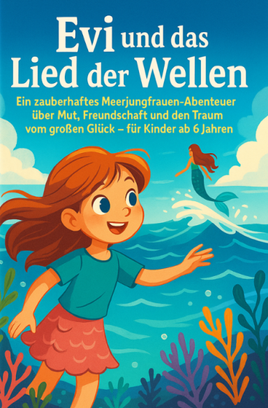 „Bunt illustriertes Kinderbuchcover: Ein Mädchen steht am Ufer eines funkelnden Sees, eine leuchtende Muschel in der Hand.