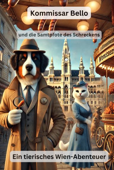 Cover von ‚Kommissar Bello und die Samtpfote des Schreckens‘ mit dem mutigen Berner Sennenhund und einer weißen Katze.