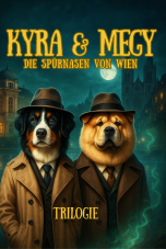 „Illustriertes Cover des Kinderkrimis ‚Kyra & Megy – Die Spürnasen von Wien‘ mit zwei Hunde vor nächtlicher Stadtkulisse.“