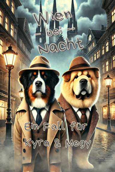 Cover von ‚Kyra & Megy – Wien bei Nacht‘ mit zwei Detektivhunden in dunklen Gassen der Stadt – im Hintergrund leuchtet das Riesenrad.“