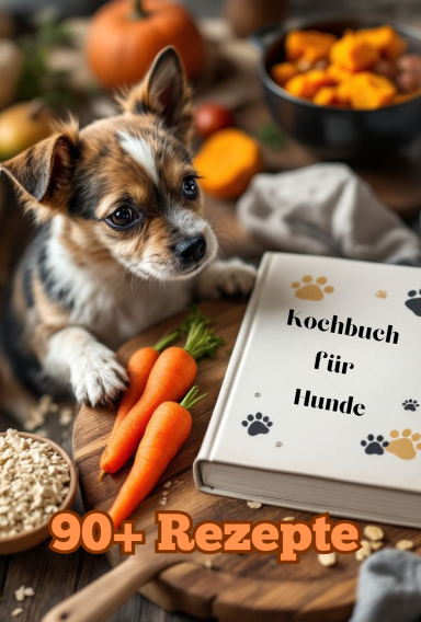 Buchcover mit dem Titel ‚Kochbuch für Hunde‘ – ein fröhlicher Hund sitzt neben einem Napf mit frischem Futter aus Gemüse, Fleisch und Reis.