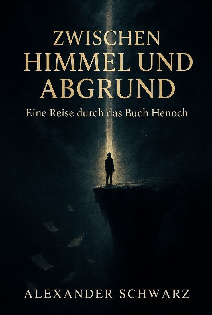 Cover von „Zwischen Himmel und Abgrund“: Dunkle Klippe, auf deren Rand eine Person steht, über ihr ein heller Lichtstrahl vom Himmel; im Hin