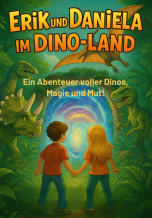  Zwei Kinder stehen vor einem leuchtenden, magischen Portal mitten im Dschungel. Um sie herum: bunte Pflanzen, neugierige Dinosaurier und