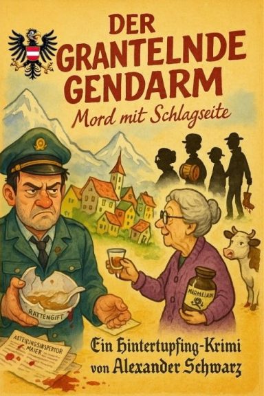 Humorvoller Alpenkrimi „Der grantelnde Gendarm – Mord mit Schlagseite“ von Alexander Schwarz. Lustiger österreichischer Dorfkrimi mit granti