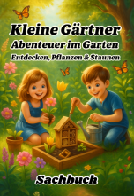 Buchcover von ‚Kleine Gärtner – Abenteuer im Garten‘ mit fröhlichen Kindern, Gemüsebeeten, Gießkanne und Schmetterlingen in einem bunten Gar