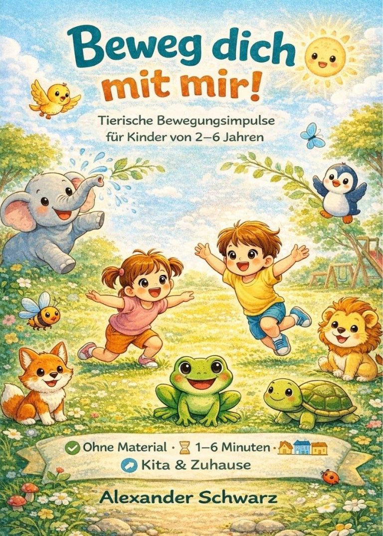 Cover des Kinderbuchs „Beweg dich mit mir!“ mit fröhlichen Kindern und Tieren, Bewegungsspiele für Kinder von 2–6 Jahren
