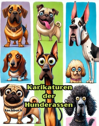 Lustige Karikaturensammlung verschiedener Hunderassen – von Dackel über Mops bis Schäferhund, mit überzeichneten Merkmalen und humorvollen P