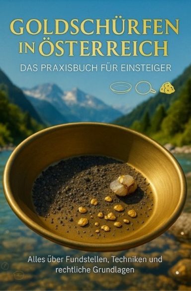 Buchcover „Goldschürfen in Österreich – Das Praxisbuch für Einsteiger“ mit goldener Waschpfanne und Alpenfluss im Hintergrund.