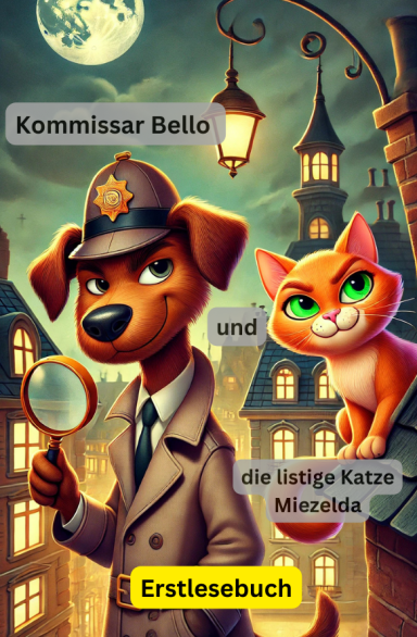 Cover von ‚Kommissar Bello und die listige Katze Miezelda‘ mit einem Berner Sennenhund im Detektivmantel und einer schlauen Katze 