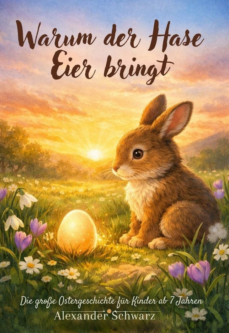 Illustration eines jungen Hasen im Frühlingslicht neben einem leuchtenden Osterei auf einer Blumenwiese bei Sonnenaufgang.
