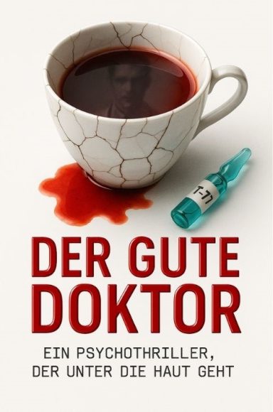 Buchcover des Psychothrillers ‚Der gute Doktor‘ – düsterer medizinischer Thriller um einen Serienmörder, der Herzen kontrolliert.