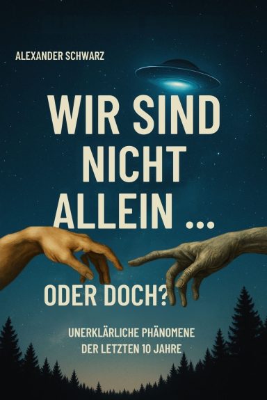 Buchcover „Wir sind nicht allein … oder doch?“ mit UFOs, Michelangelo-inspirierter Hand und Sternenhimmel. Unerklärliche Phänomene, echte Be