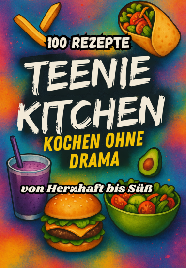 „Buntes Cover des Jugendkochbuchs ‚Teenie Kitchen‘ – mit coolen Schriften und frischen Zutaten wie Avocado und Pasta.“