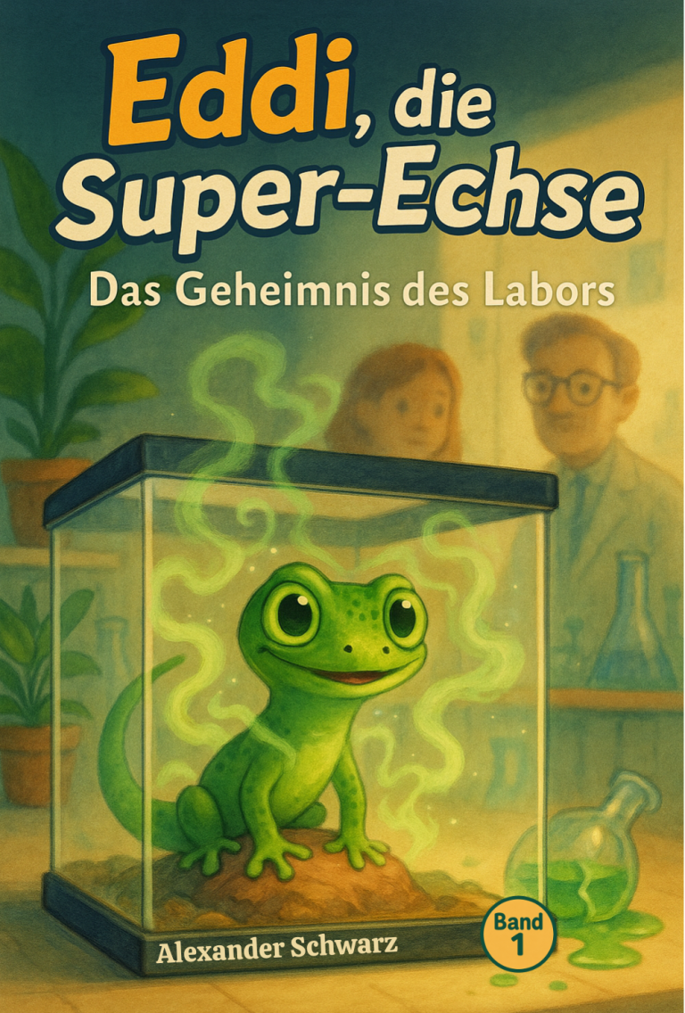 Buchcover von „Eddi, die Super-Echse – Das Geheimnis des Labors“: eine kleine grüne Echse sitzt in einem Glas-Terrarium, umgeben von leuchte