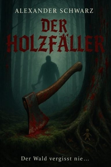 Buchcover „Der Holzfäller“ von Alexander Schwarz Im düsteren Wald lehnt eine blutige Axt am Baum, im Hintergrund die Silhouette eines Mannes