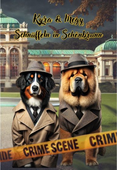 Cover von ‚Kyra & Megy – Schnüffeln in Schönbrunn‘ mit den beiden Detektivhunden im Schlosspark Schönbrunn 