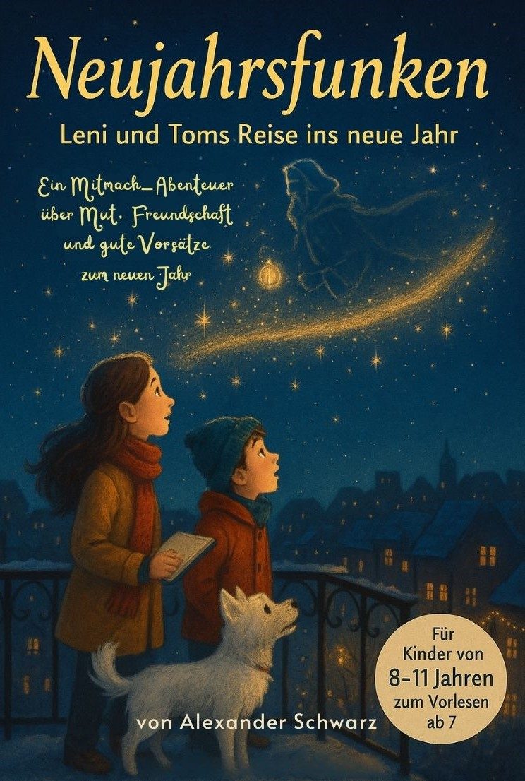 Cover des Kinderbuchs „Neujahrsfunken – Leni und Toms Reise ins neue Jahr“: In einer winterlichen Silvesternacht stehen Leni, Tom und Hund F