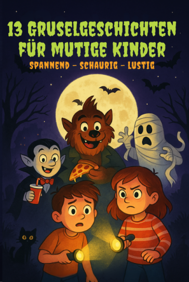 „Buchcover von ›13 Gruselgeschichten für mutige Kinder‹: Zwei Kinder mit Taschenlampen stehen vor einem alten Schulgebäude im Mondlicht.