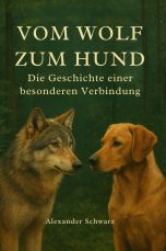 Zu sehen sind ein Wolf und ein Haushund, die sich vor einem dunkelgrünen Waldhintergrund gegenüberstehen. Der Titel ist in großer, klassisch