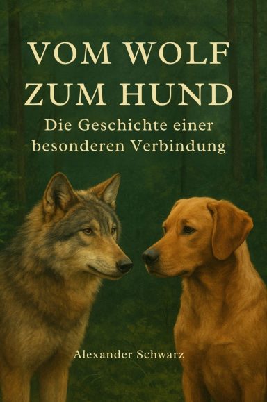 Zu sehen sind ein Wolf und ein Haushund, die sich vor einem dunkelgrünen Waldhintergrund gegenüberstehen. Der Titel ist in großer, klassisch