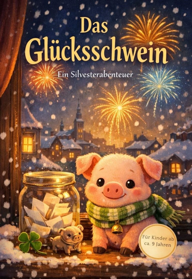 Kinderbuchcover „Das Glücksschwein“: Poldi, ein rosa Glücksschwein mit Schal und Glöckchen, sitzt am Fenster. Draußen Schnee und Feuerwerk ü