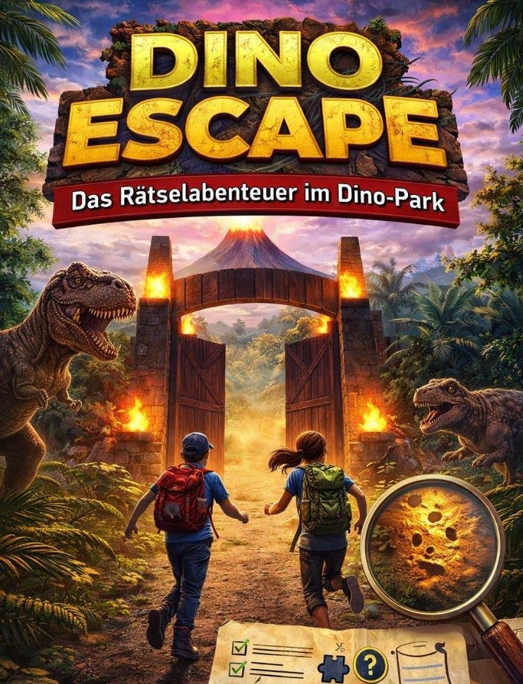 Cover von „Dino Escape – Das Rätselabenteuer im Dino-Park“: Zwei Kinder rennen auf ein brennendes Parktor zu, ein Vulkan eruptiert, Dinosaur