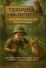 Abenteuerliches Cover des Kinderbuchs ‚Tierspuren‘ mit Waldlandschaft, Tierpfoten, Fernglas und einem neugierigen Kind auf Spurensuche
