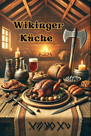 „Buchcover mit dem Titel ‚Wikinger-Küche‘ – zeigt rustikale Speisen auf einem Holztisch mit Trinkhorn, Tonkrug und Feuer im Hintergrund.“