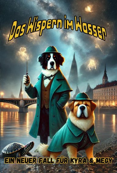 Cover von ‚Kyra & Megy – Das Wispern im Wasser‘ mit den zwei Detektivhunden an einem düsteren Kanal bei Nacht – geheimnisvoll & spannend.“