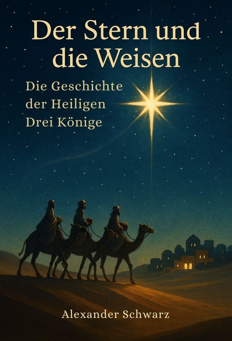 Cover von „Der Stern und die Weisen“: Drei Könige reiten auf Kamelen durch die Nachtwüste, über ihnen ein heller Stern von Bethlehem am Ster