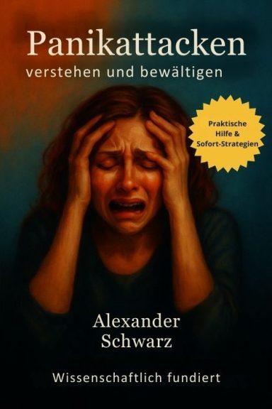 „Cover des Ratgebers ‚Panikattacken verstehen und bewältigen‘ mit einer Silhouette vor dunklem Hintergrund 