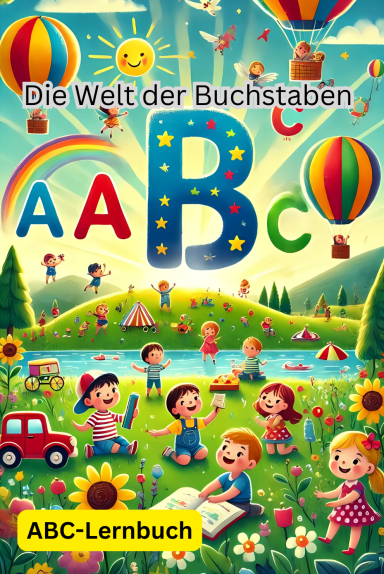 Bunt illustriertes Cover des Kinderbuchs ‚Die Welt der Buchstaben‘ mit fröhlichen Buchstabenfiguren, lachenden Kindern und einer bunten ABC-