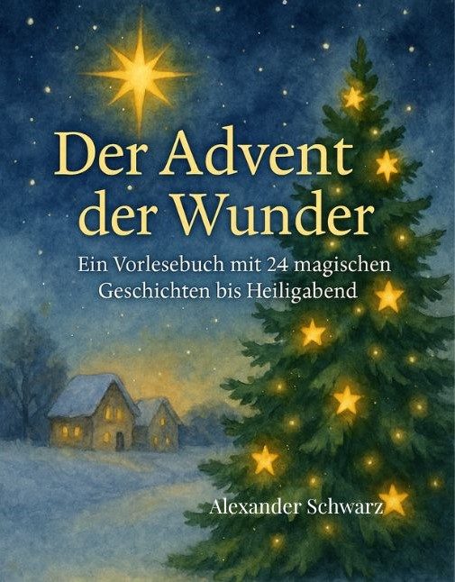 Aquarell-Illustration eines verschneiten Winterabends mit leuchtendem Stern am Himmel und geschmücktem Weihnachtsbaum. Im Hintergrund steht 