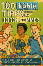 Ein farbenfrohes, im Retro-Comic-Stil gehaltenes Werbebild für das Kinderbuch „100 kühle Tipps gegen den heißen Sommer“. 