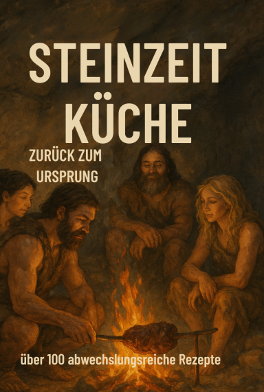 „Szene mit Menschen in Fellkleidung, die Fleisch und Wurzeln über offenem Feuer zubereiten – Darstellung steinzeitlicher Kochweise.“