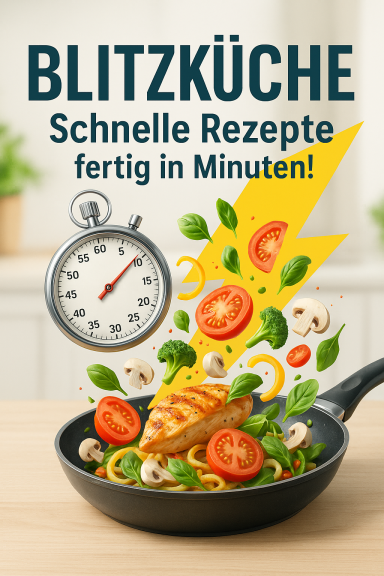 „Titelbild des Kochbuchs ‚Blitzküche‘ – zeigt eine moderne Küche mit frisch zubereiteten schnellen Gerichten wie Pasta, Salat und Pfannenger