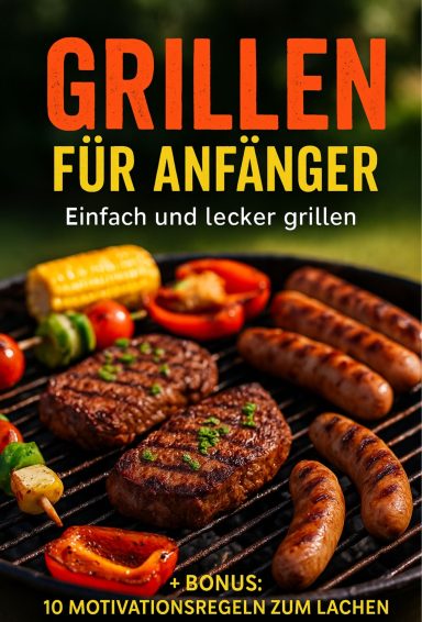 Titelbild Grillbuchs für Anfänger – zeigt einen modernen Grill mit Gemüse-Spießen und Würstchen, daneben eine Grillzange und frische Kräuter