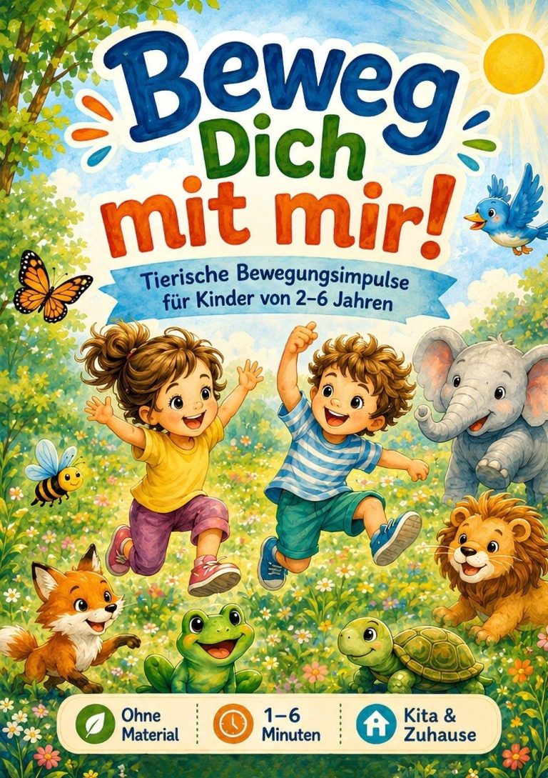 Beweg dich mit mir! Cover des Kinderbuchs „Beweg dich mit mir!“ mit fröhlichen Kindern und Tieren, Bewegungsspiele für Kinder von 2–6 Jahren