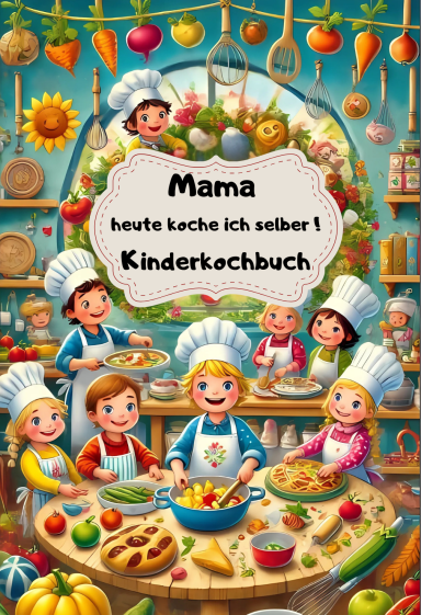 Cover des Kinderkochbuchs ‚Mama, heute koche ich selber!‘ – zeigt ein fröhliches Kind mit Kochmütze, das mit Kochlöffel vor einem Teller