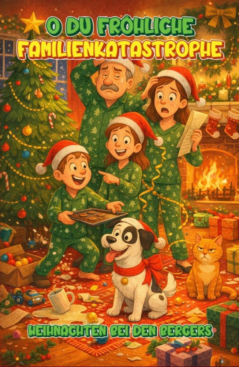 Buntes Kinderbuchcover: Familie in grünen Weihnachtspyjamas vor schiefem Baum, Hund mit roter Schleife, genervte Katze.