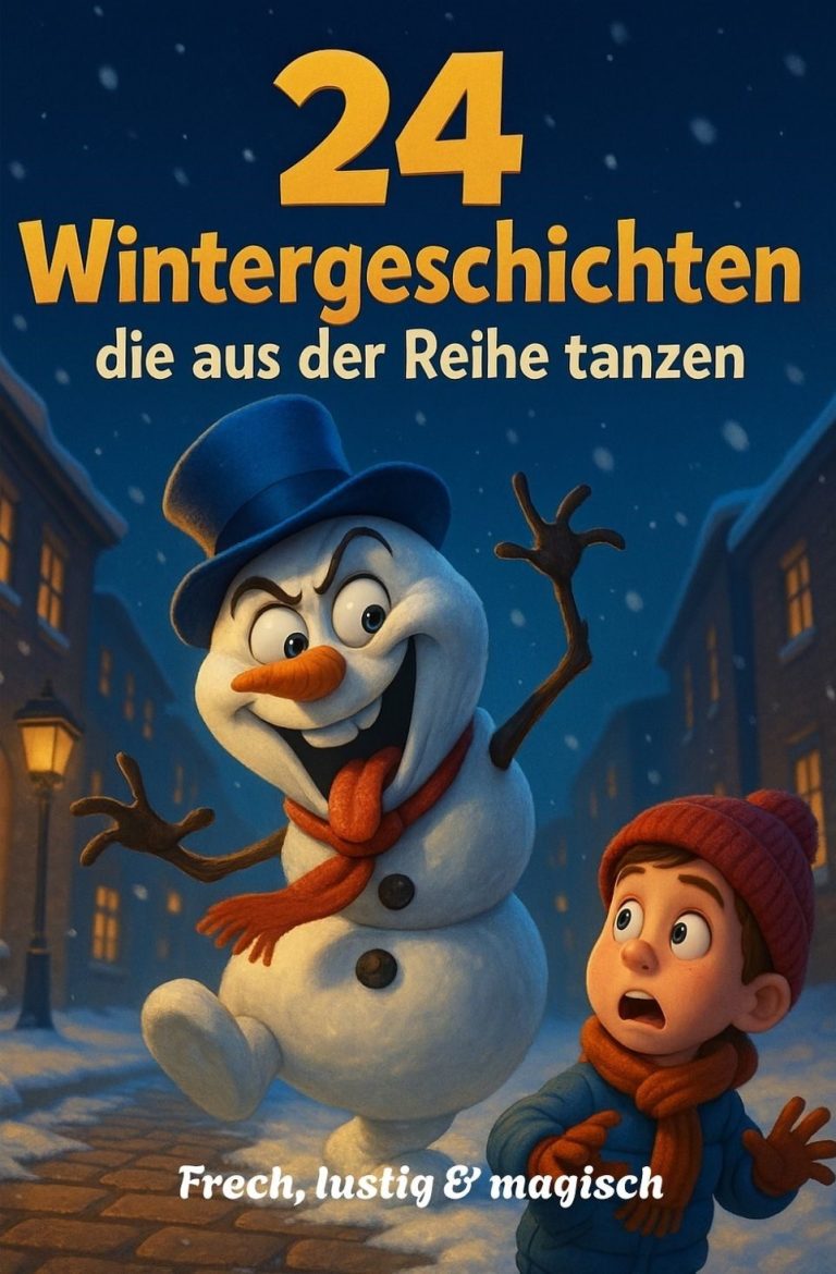 „Illustration eines frechen, grinsenden Schneemanns mit Zylinder und Schal, der einen überraschten Jungen auf einer nächtlichen, winterliche